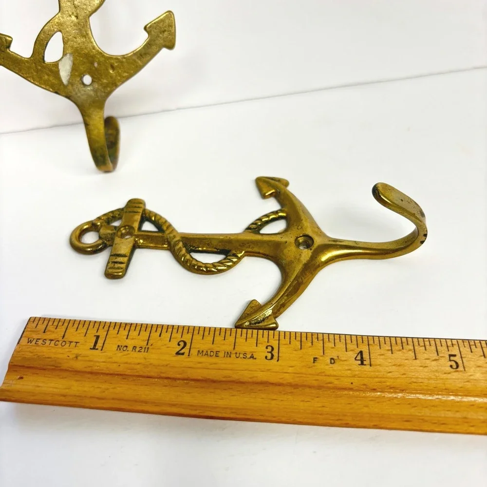 Vintage Solid Brass Anchor Wall Hooks Pair Nautical Coastal Maritime Decor